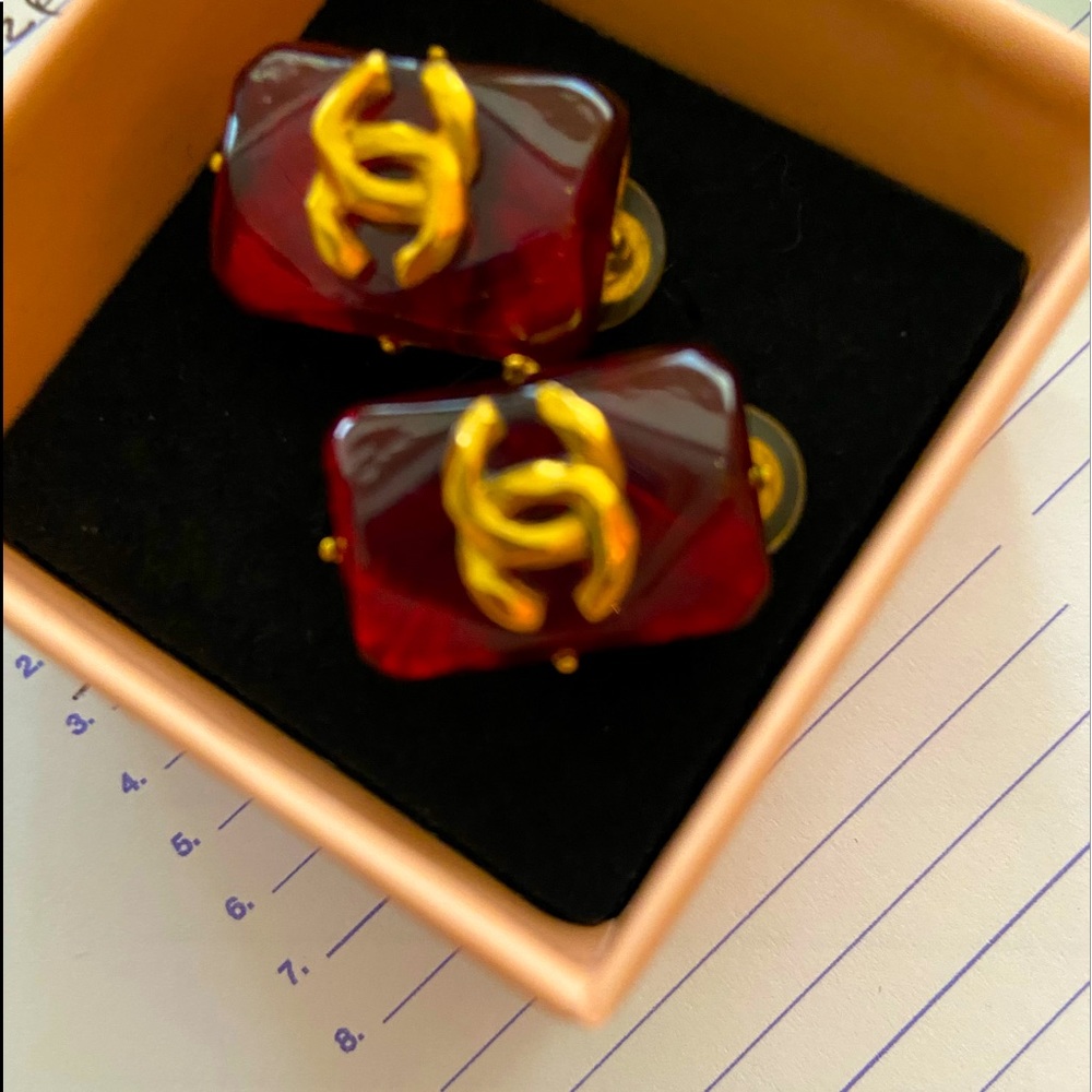 Red Chanel vintage poured glass CC earrings